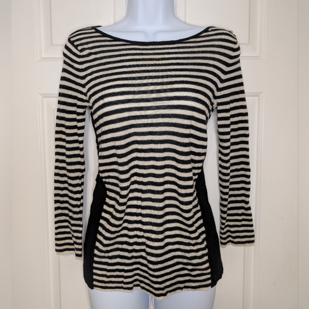 Club Monaco Cashmere Black and Cream Striped Long Sleeve Top